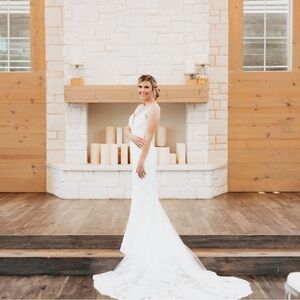 Beautiful white lace & beaded LuLu’s wedding dress.